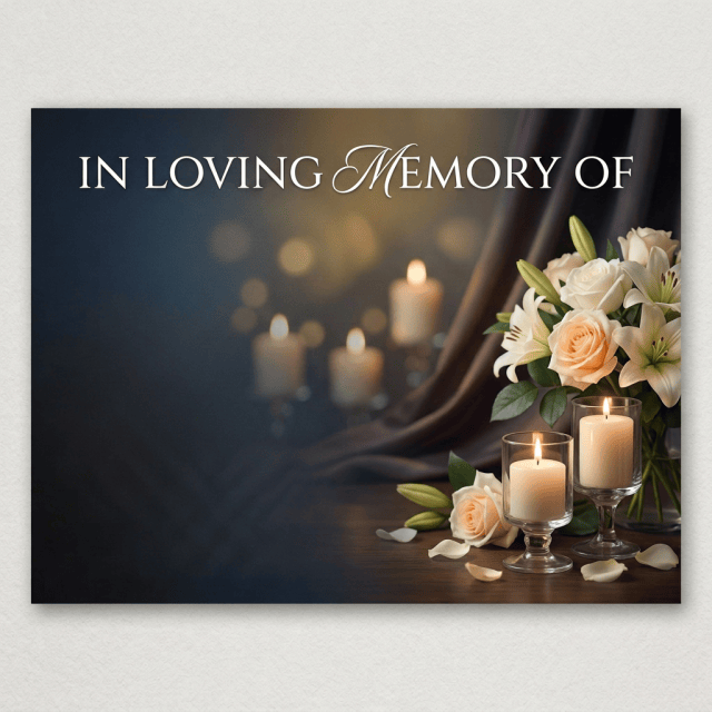 Memorial card reading “In Loving Memory Of Margaret Helen Cheney, March 12, 1945 — November 18, 2023. A life so beautifully lived, a heart so deeply loved. You will remain forever in our thoughts,” with her portrait, flowers, and candles.
